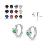 Birthstone Gemstone Heart Children&#39;s Huggie Earrings In Sterling Silver 925 - $35.49