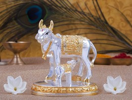 Asravik-Synthetic Resin Kamdhenu Cow and Calf Statue (9x9x6 cm, Gold and Silver, - £33.07 GBP
