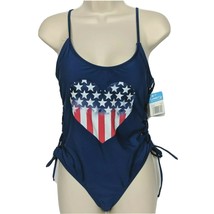 NWT California Waves Red Heart Flag Lace Up One Piece Swimsuit Large Padded - £19.78 GBP