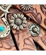 Brown Tooled Leather Keychains Bag Charm Style 3 Silver Sunflower - €11,87 EUR