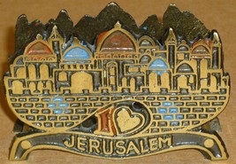 VINTAGE SOLID BRONZE ENAMEL JUDAICA JERUSALEM FOOTED NAPKIN HOLDER - $219.20 MXN