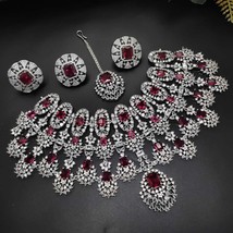 Bollywood Style Silver Plated Indian CZ Necklace Earrings Ring Ruby Jewelry Set - £122.24 GBP