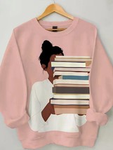 Women&#39;s Reading Lover Illustration Print Cotton Long Sleeve T-Shirt Thin... - £21.35 GBP