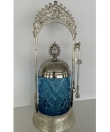 Victorian Ice Blue Glass Pickle Jar Castor w/Lid &amp; Tongs Hartford Silver... - $3,365.54 MXN