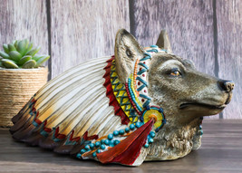 Rustic Gray Wolf With Indian Chief Headdress Piggy Coin Money Bank Jar F... - $34.99