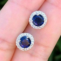 2.05 Ct Simulated Blue Sapphire &amp; Diamond Halo Stud Earrings 925 Sterling Silver - £24.19 GBP