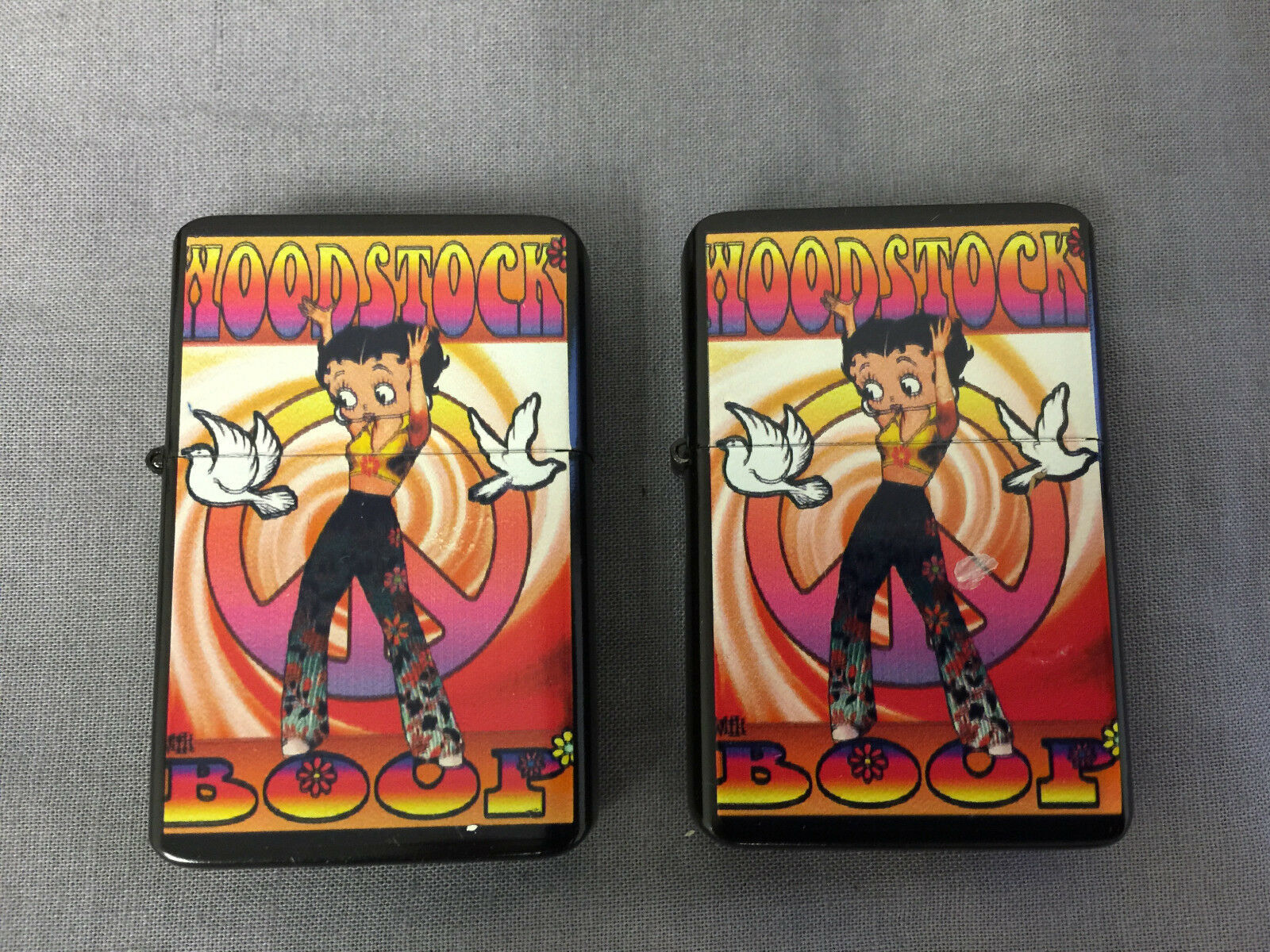 SET OF 2 BETTY BOOP FLIP TOP OIL LIGHTER BLACK WOODSTOCK REFILLABLE  CLOSEOUT