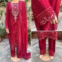 Pakistani Deep Red Straight Style Embroidered Sequins 3pcs Chiffon Dress,X-Large - £94.96 GBP