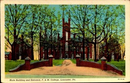 Main building and entrance, F &amp; M College, Lancaster PA. Vintage Postcard-bk48 - £3.15 GBP