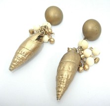 Gold Shells and Beads Earrings for Pierced Ears Dangle Tropical Cruise 3.75&quot; - £7.11 GBP