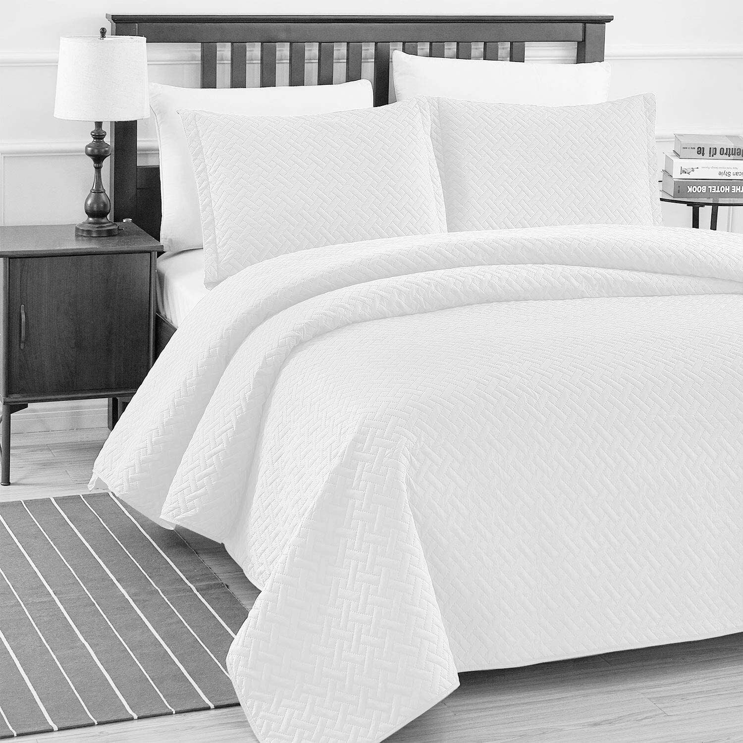 Primary image for Basic Choice 3-Piece Light Weight Oversize Quilted Bedspread Coverlet Set  White