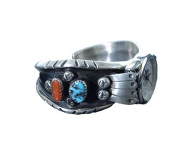 6&quot; Vintage Navajo Sterling Turquoise &amp; Coral Watch Bracelet - £184.99 GBP