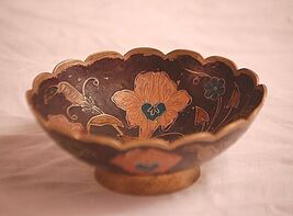 Cloisonne Enamel Brass Pedestal Base Bowl Painted Floral Pattern - $14.84