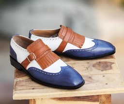 Handmade Men&#39;s Multi Color Leather Wing Tip Monk Strap Shoes, Men Designer Shoes - £115.48 GBP