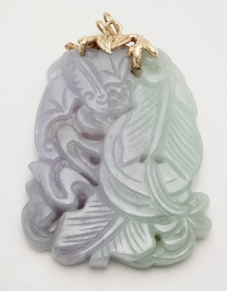 LARGE 45g CARVED JADE 14K GOLD PENDANT LAVENDER GREEN  NECKLACE 2.75” MINT Item image 2