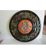 WALL PLAQUE Wood, Round, Tribal Twin Dancers, copper brown green Hand Pa... - £14.33 GBP