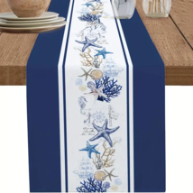 Linen-Look Table Runner  - Navy Blue Striped with Ocean Coral Nautical D... - $410.91 MXN