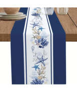 Linen-Look Table Runner  - Navy Blue Striped with Ocean Coral Nautical D... - $22.23