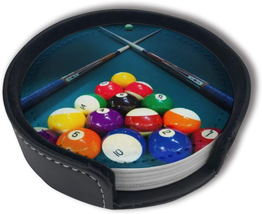 FUNCOOLCY Billiards Coasters for Drinks with Holder, Leather Coasters Set of 6,  - £20.02 GBP