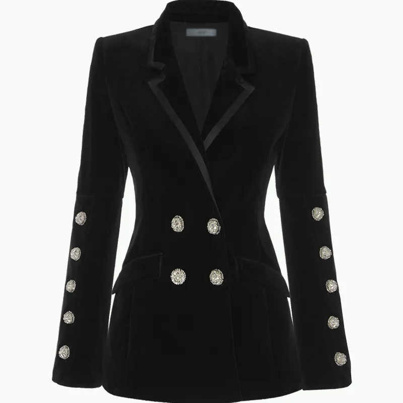  Trending Fall Winter Notched Exquisite Diamonds Buttons Top  Black Chic Velvet  - £196.45 GBP