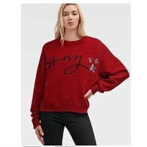DKNY Womens S Red Sequin Logo Long Sleeve Round Neck Sweater NWT AO27 - £28.28 GBP