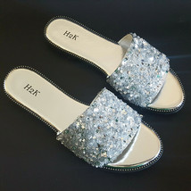 H2K Dream SILVER Glitter Bling Sparkle Fancy Slides Sandals Low Flats Ne... - $24.99