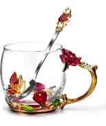 Charming Butterfly Rose Glass Coffee Mug-11.3 Oz Enamel Tea Cup with Spoon - £19.74 GBP