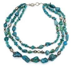 Vintage Sterling Silver Three Strand Layered Turquoise Howlite Necklace - £53.61 GBP