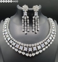 Indian Bollywood Style 18k White Gold Filled CZ Necklace Clear Stone Jewelry Set - £67.60 GBP