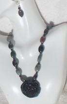 Moss Agate Rose Pendant Necklace and Earring Jewelry Set - £35.30 GBP