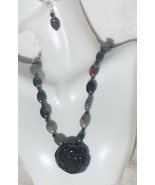 Moss Agate Rose Pendant Necklace and Earring Jewelry Set - £35.41 GBP