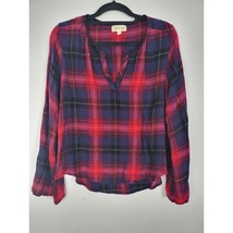 Cloth &amp; Stone Top Large Womens Blue Red Plaid Long Sleeve V Neck Pullover - £16.89 GBP