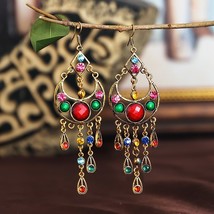 Retro Green Rhinestone Beaded Earrings india Gypsy Jewelry Bohemia Ethnic Gold M - £7.31 GBP