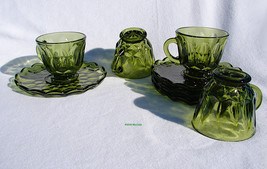 4 Vintage Fairfield Avocado Green Cup &amp; Saucer Sets by Anchor Hocking Glass Co. - £15.92 GBP