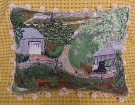 Grandma Moses Fabric &quot;Covered Bridge&quot; Handcrafted Pillow - £34.65 GBP