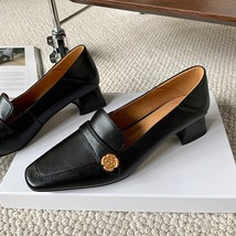 Women Genuine Leather Loafers Vintage Pumps Brand Metal Flower Mid-heel Shoes La - £91.22 GBP