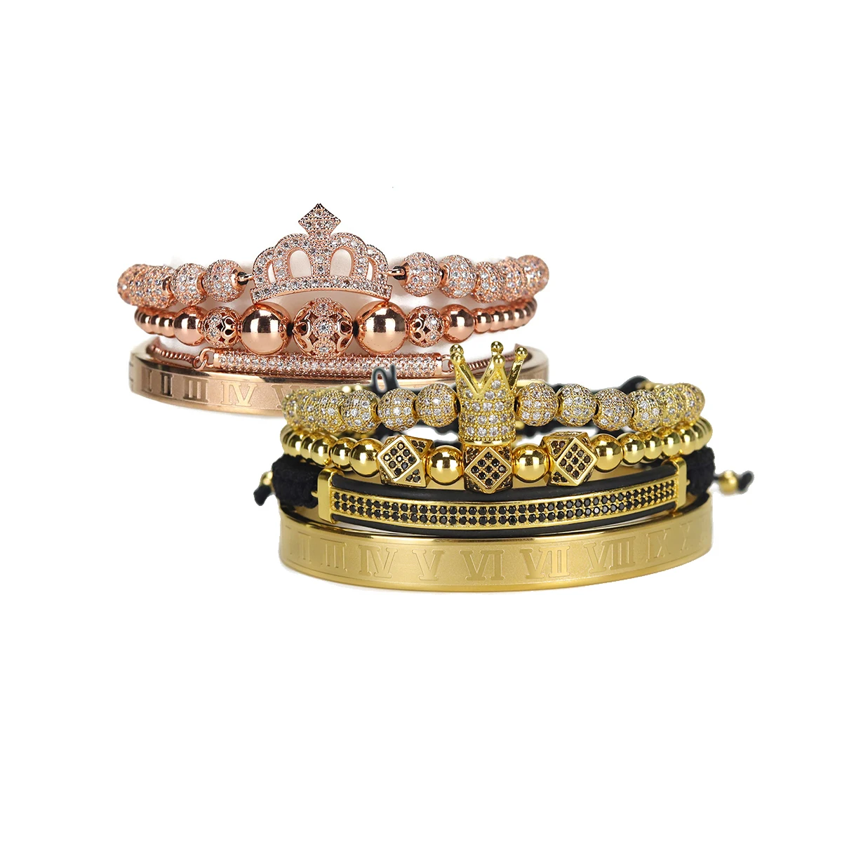 Luxury Royal King Queen Crown charms colorfast Bracelet Stainless steel CZ beads - £61.65 GBP