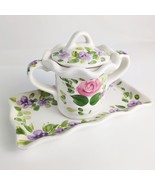 Vtg Mariam&#39;s Garden Hand Painted Floral Ceramic Sugar Bowl &amp; Tray Cottag... - $367.78 MXN
