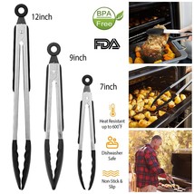 3Pcs Kitchen Food Tongs Stainless Steel &amp; Silicone Non-Stick BBQ Cooking Tongs - £25.71 GBP