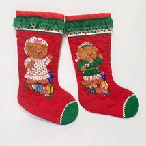 Girl and Boy Teddy Bear Quilted Christmas Fabric Stockings Handmade Vintage 15&quot; - £22.88 GBP