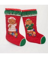 Girl and Boy Teddy Bear Quilted Christmas Fabric Stockings Handmade Vint... - £22.40 GBP