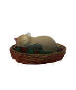 Vintage Ceramic Sleeping Cat With Mouse Figurine Attached In Wicker Bask... - £9.34 GBP