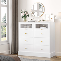 White 8 Drawer Double Dresser Bedroom Wood Chest Storage Cabinet w 2 Glass Doors - £203.80 GBP