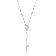 Two-Tone Rose Gold Plated CZ Flower with Bezel-Set CZ Lariat Necklace - £55.06 GBP