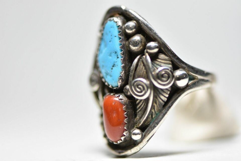 Turquoise ring Coral band sterling silver women men Size 10.75 Item image 6