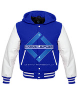 Royel Blue Hoodie New-Wool-Varsity-Jacket-with-white Real-Leather-Sleeves - $129.91 CAD