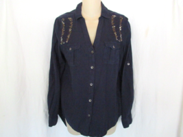 Rock &amp; Republic top shirt bling button up Small navy beads long tab sleeves hilo - £11.46 GBP