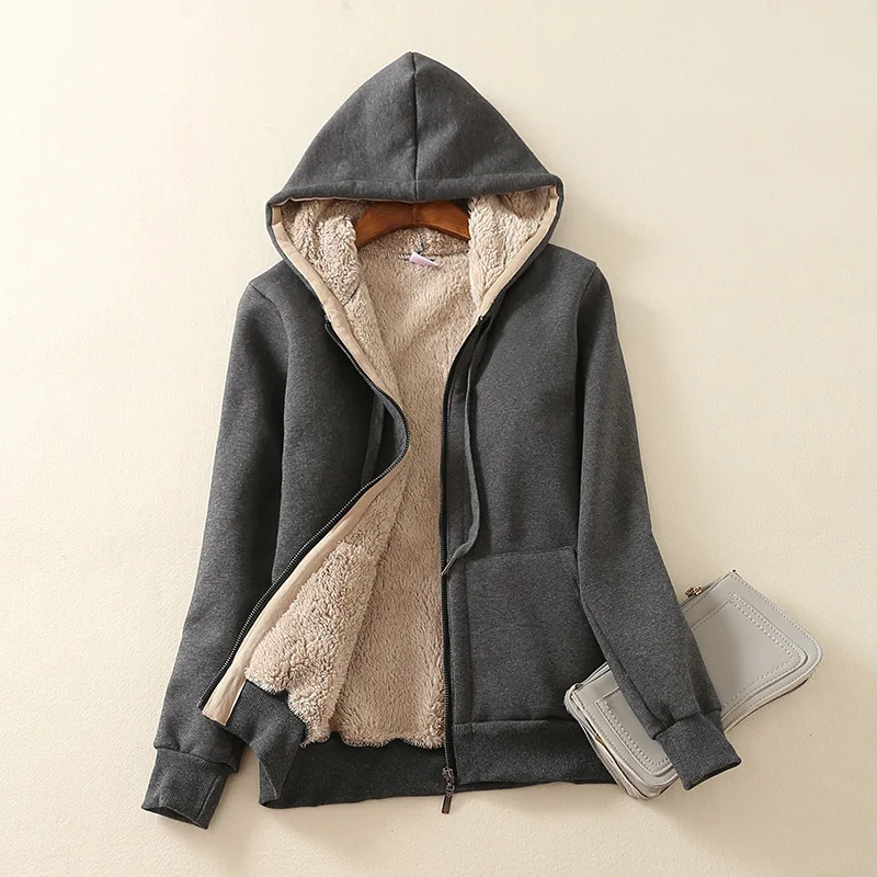 Lamb Velvet Hooded Sweater Women&#39;s Autumn and Winter Solid Color Warm Cotton Coa - £89.67 GBP