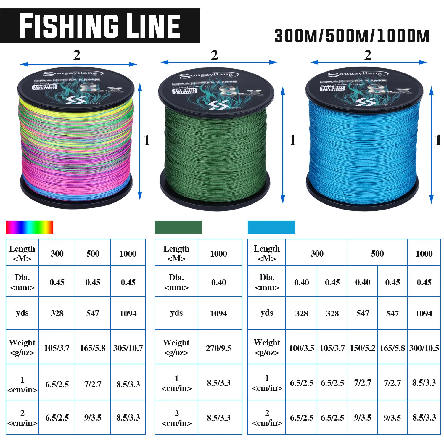 Sporting SouAilang New 9 Strands PE Fishing Line Raid Fishing Line 300M 500M 100 - £25.03 GBP