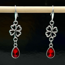 BAT Fine Faceted Red Crystal &amp; 4-leaf Dangle Earrings - £39.56 GBP